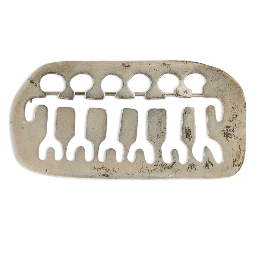 Vintage Sterling Silver People Brooch Row of 6 Human Figures Artisan Handmade
